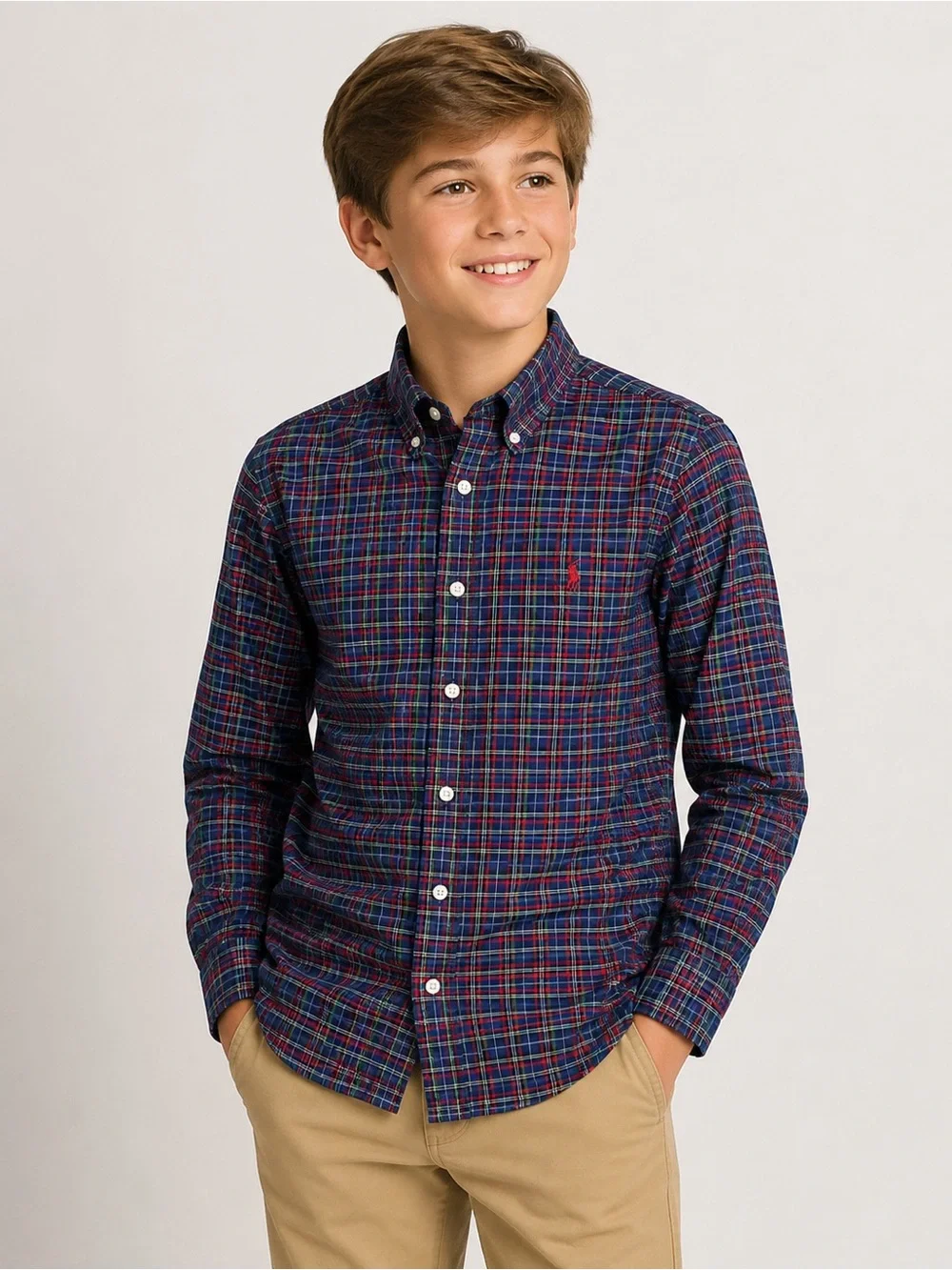 Ralph Lauren Boys Plaid Button-Down Shirt Navy Red Green Size L 14–16